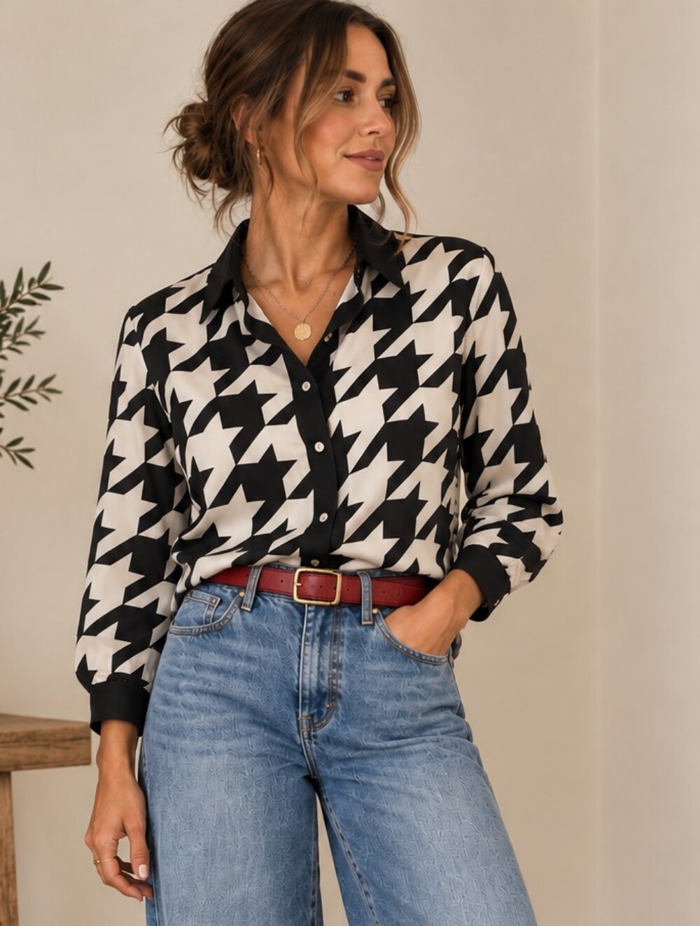 Anne Klein Bold Houndstooth Blouse Gold Buttons Shirt Quiet Luxury Maximalist M